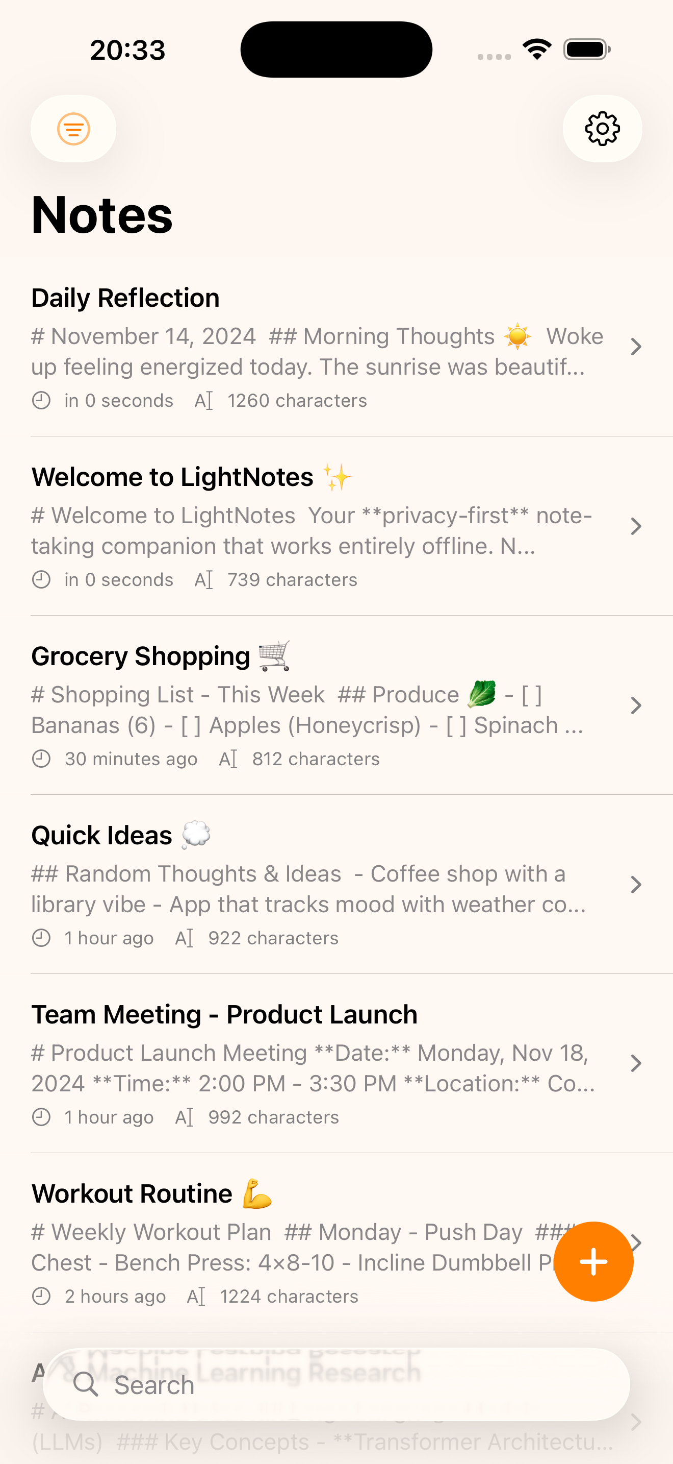 LightNotes iOS note-taking app main screen showing organized notes