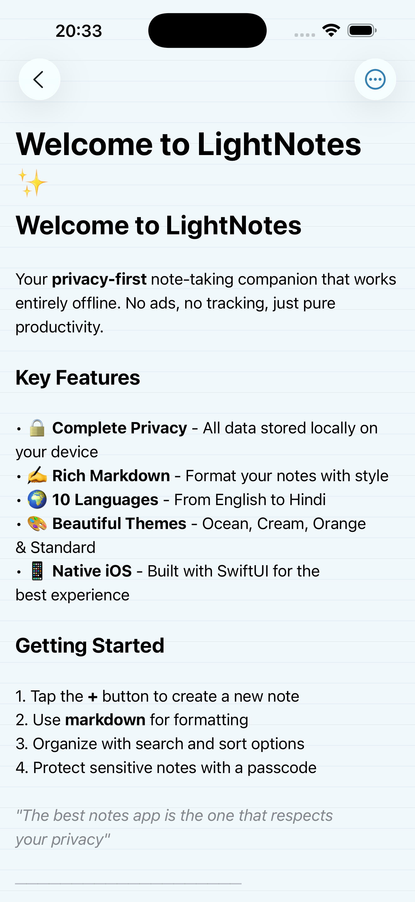 Welcome screen with features